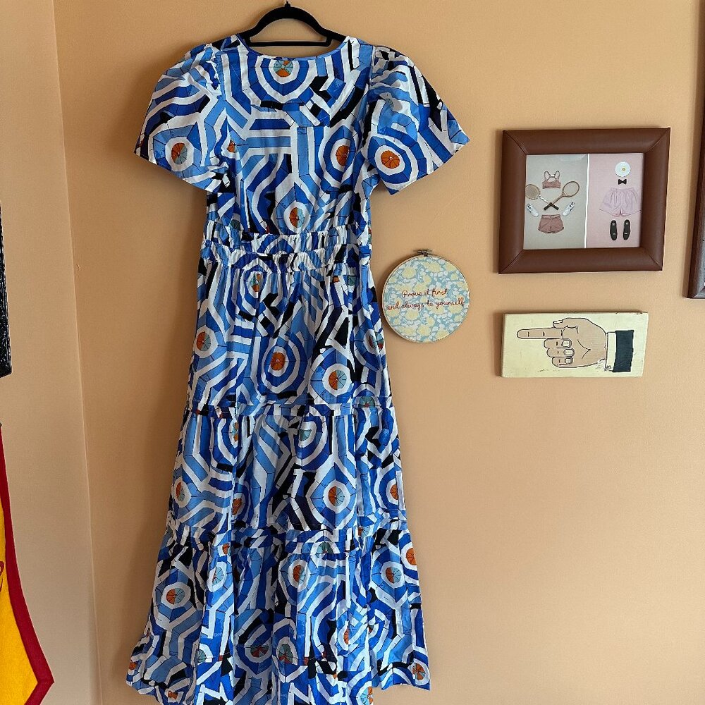 Anthropologie Somerset Tiered Maxi – Retired Blue Geo Print – NWT M